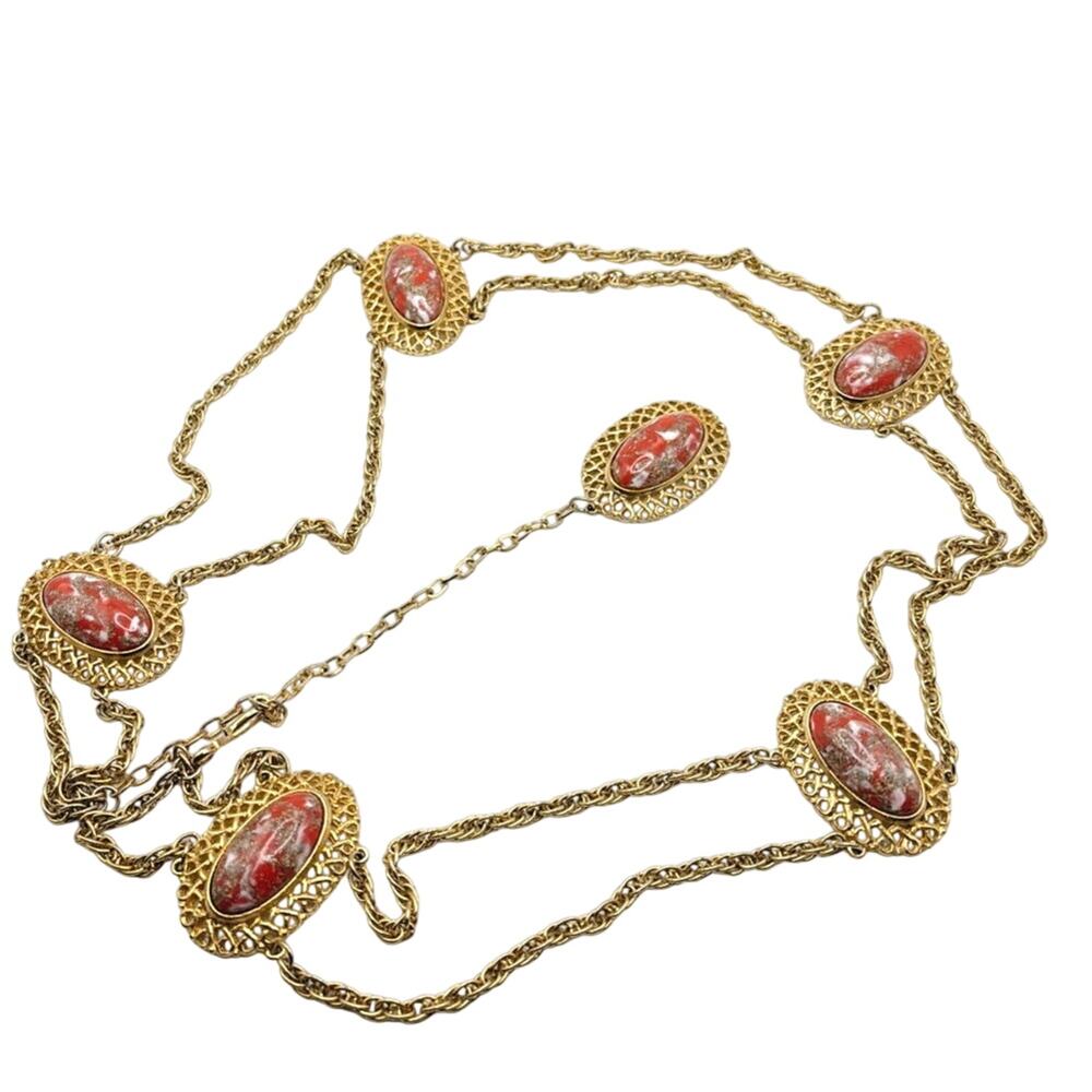Gold Tone Retro Belt Chain With Red Marble Lucite Stones 41”